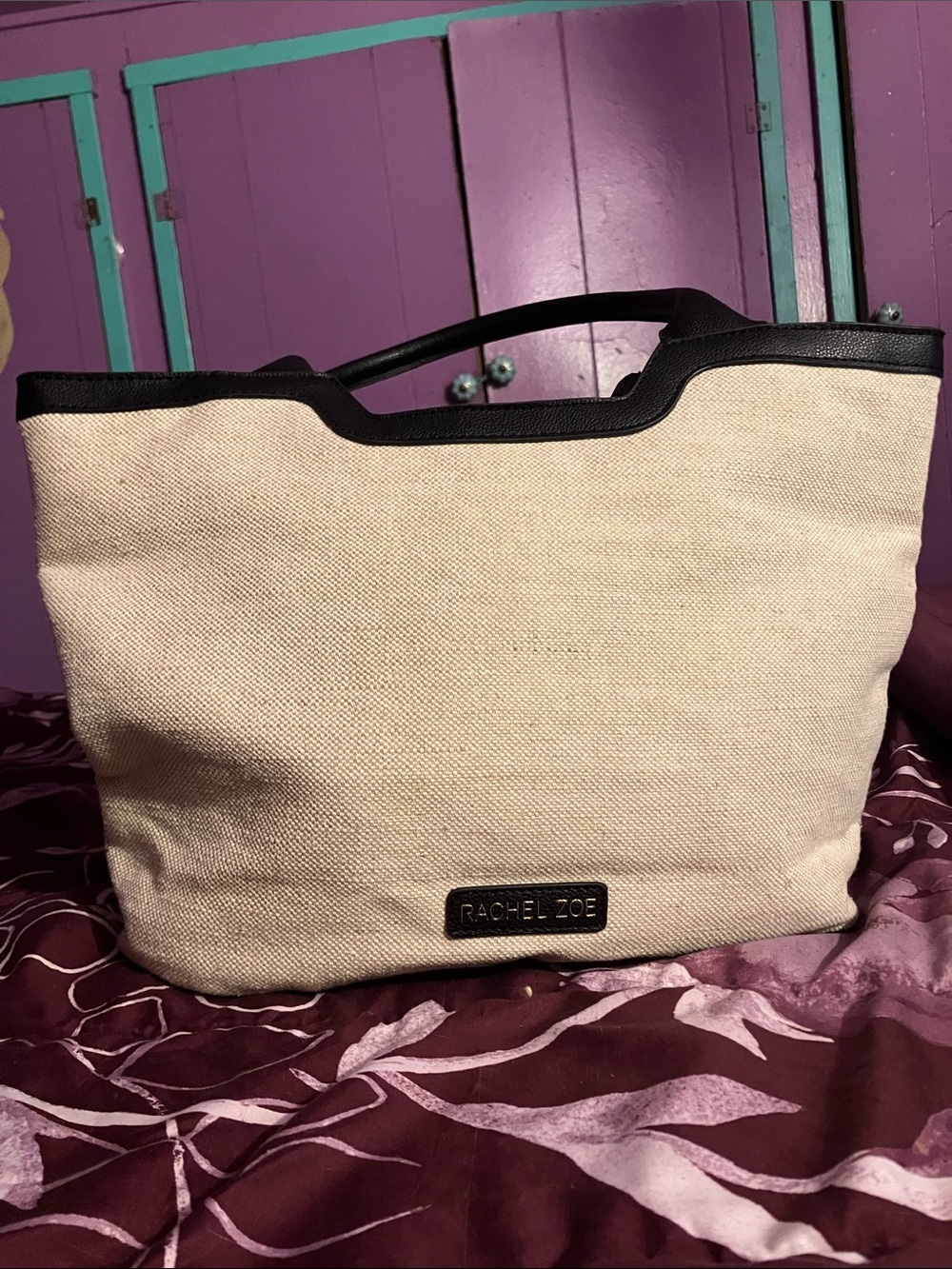 Rachel Zoe Cream Canvas Tote with Black Trim and Top Handles